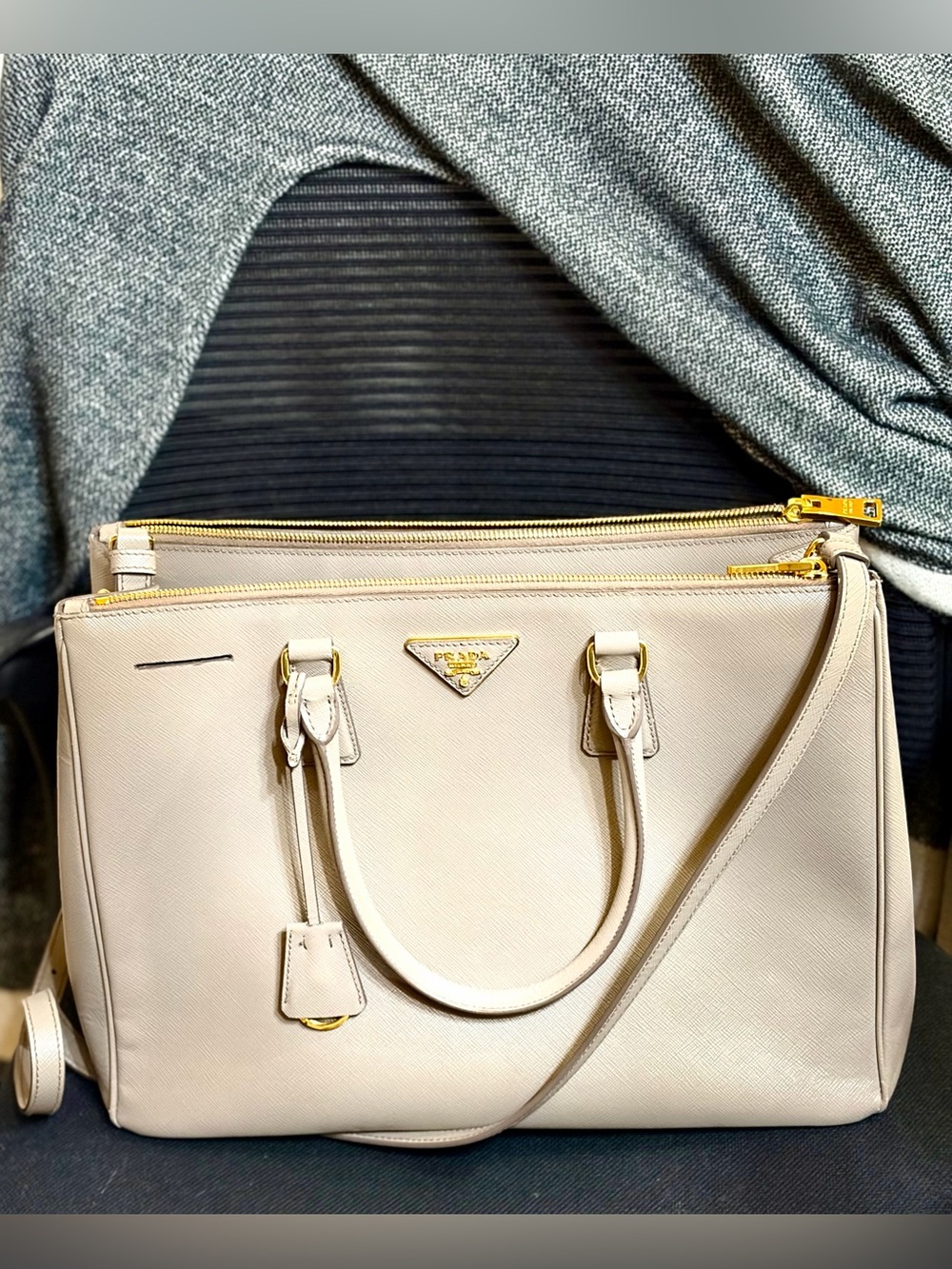 Prada Cream Saffiano Leather Satchel with Gold Hardware